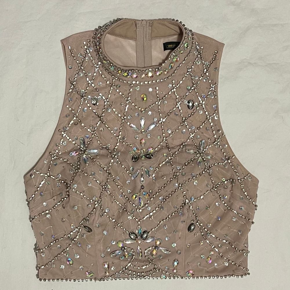 TLC Say YES to the Prom Dress TOP - Cream/Beige Formal 1PC Mesh Gemstone Sz 5